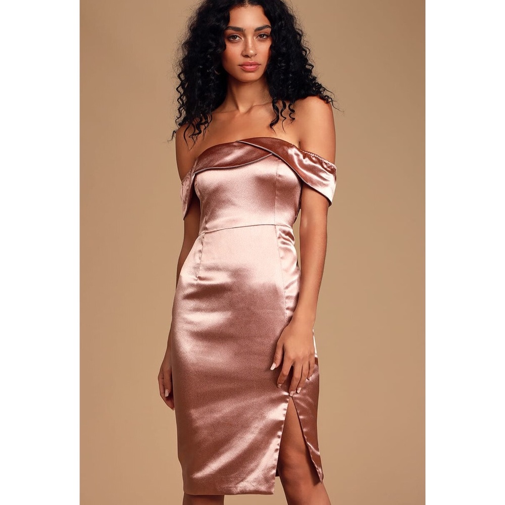 Lulu’s Pink Satin Off the Shoulder Cocktail Dress - Picture 1 of 8